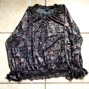 Democracy Paisley Print Metallic Elasticized Blouse Long Sleeves, Size XL